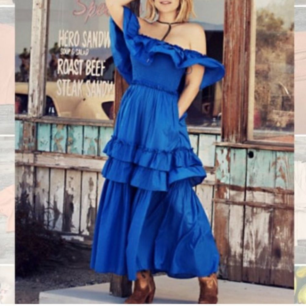 Happy Nature Royal Blue Ruffle Cotton Dress(Size Medium)